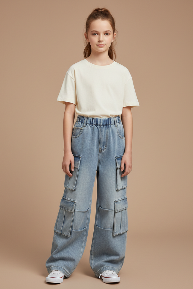 Pantalon Cargo Bleu Ample Multipoches Denim Enfant - Jean