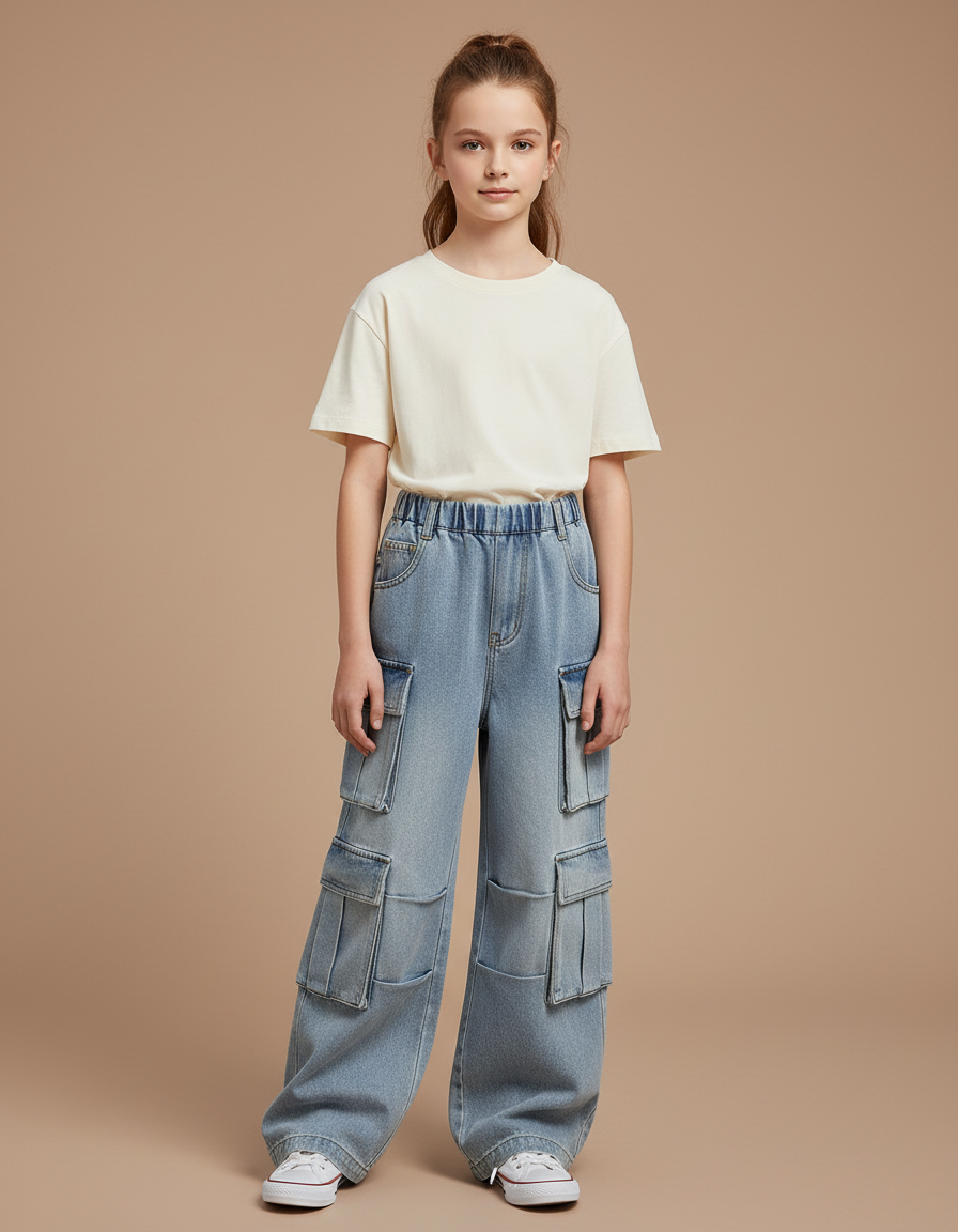 Pantalon Cargo Bleu Ample Multipoches Denim Enfant - Jean