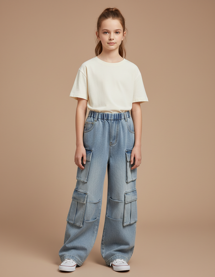 Pantalon Cargo Bleu Ample Multipoches Denim Enfant - Jean