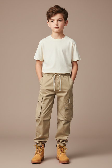 Pantalon Cargo Beige Ample Multipoches Coton Enfant
