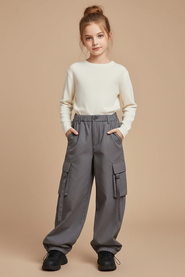 Pantalon Cargo Gris Ample Décontracté Élastique Fille - Gabardine