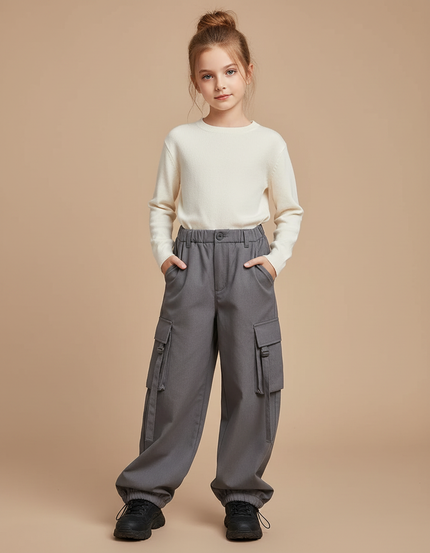 Pantalon Cargo Gris Ample Décontracté Élastique Fille - Gabardine