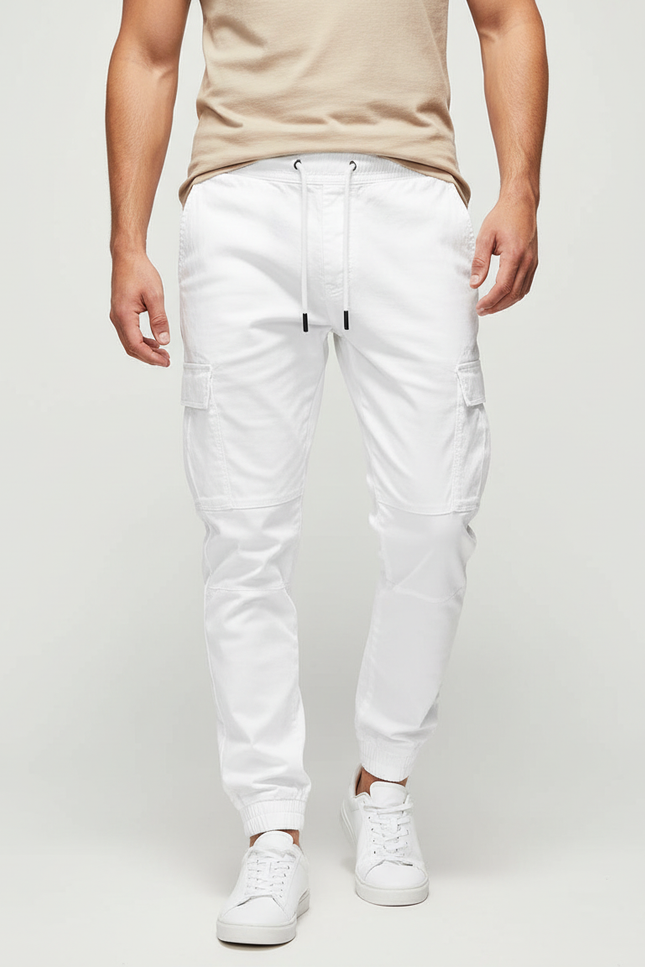 Pantalon Cargo Blanc Homme Cordon Élastique Jogger - Gabardine