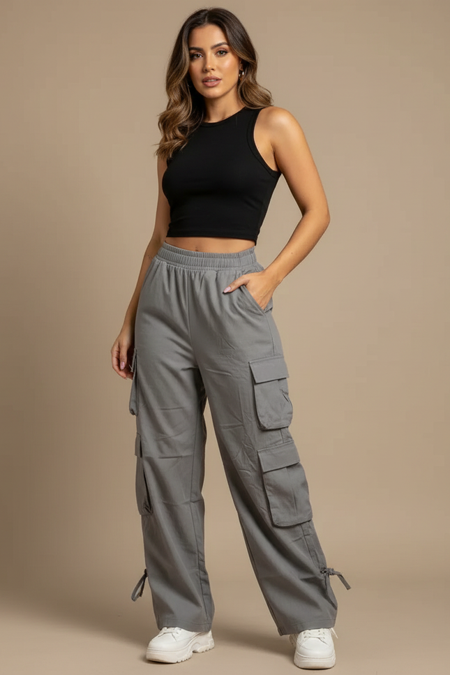 Pantalon Cargo Gris Ample Multipoches Streetwear Femme - Coton