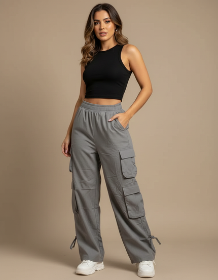 Pantalon Cargo Gris Ample Multipoches Streetwear Femme - Coton