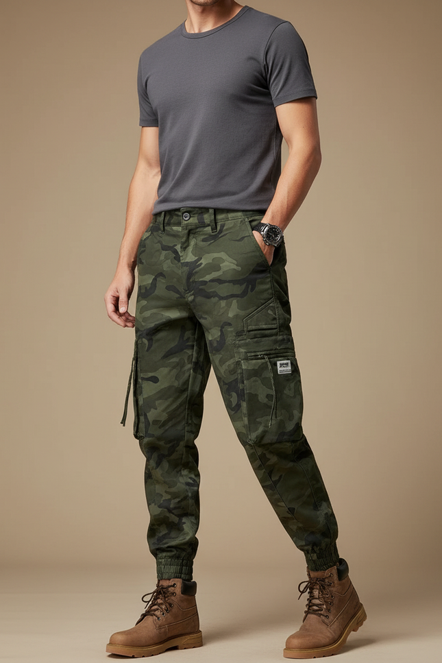 Pantalon Cargo Camouflage Militaire Vert Multipoches Homme - Toile
