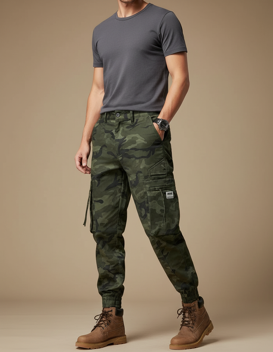 Pantalon Cargo Camouflage Militaire Vert Multipoches Homme - Toile
