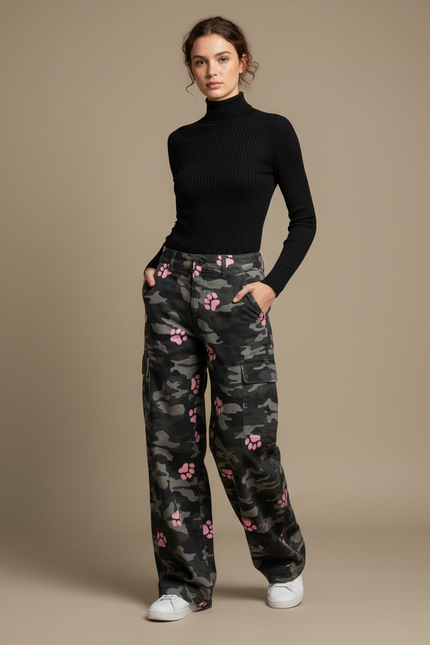Pantalon Cargo Camouflage Rose Patte Ample Femme - Multicolore Toile