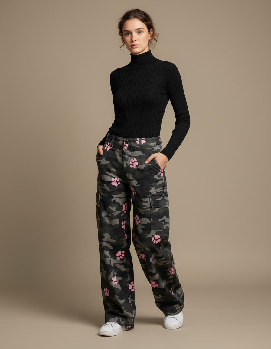 Pantalon Cargo Camouflage Rose Patte Ample Femme - Multicolore Toile