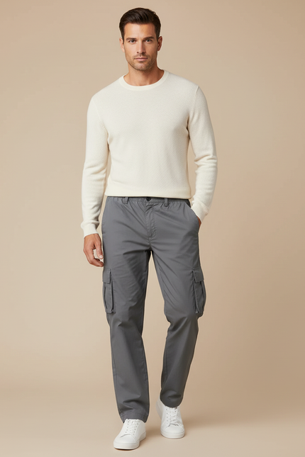 Pantalon Cargo Gris Droit Décontracté Multipoches Coton