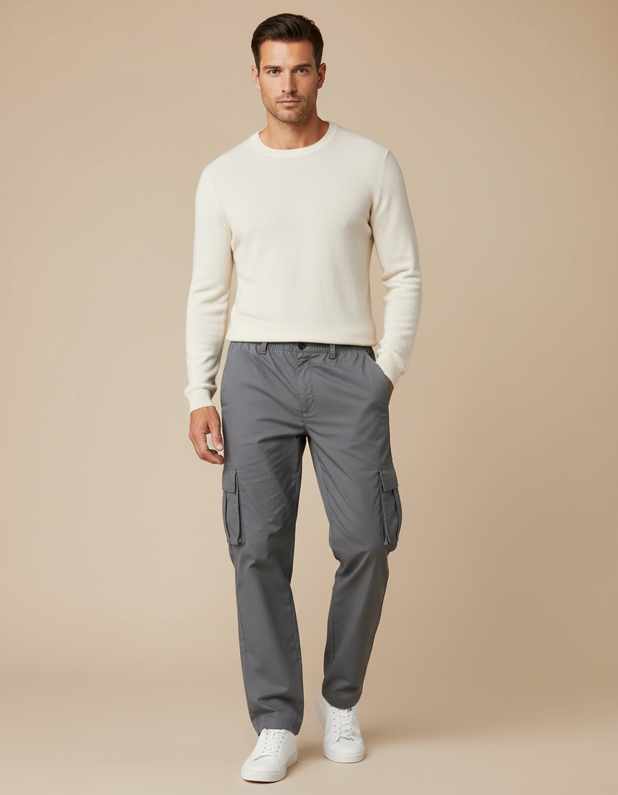 Pantalon Cargo Gris Droit Décontracté Multipoches Coton