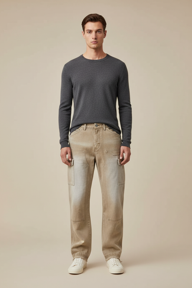 Pantalon Cargo Kaki Ample Décontracté Multipoches Vintage - Toile