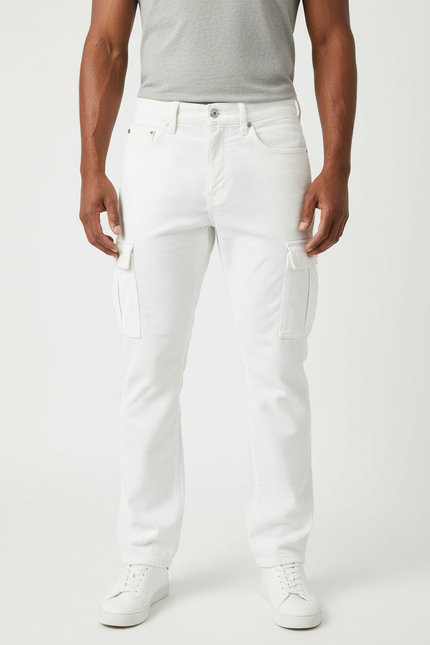 Pantalon Cargo Blanc Côtelé Slim Poches Multiples Homme - Cordé