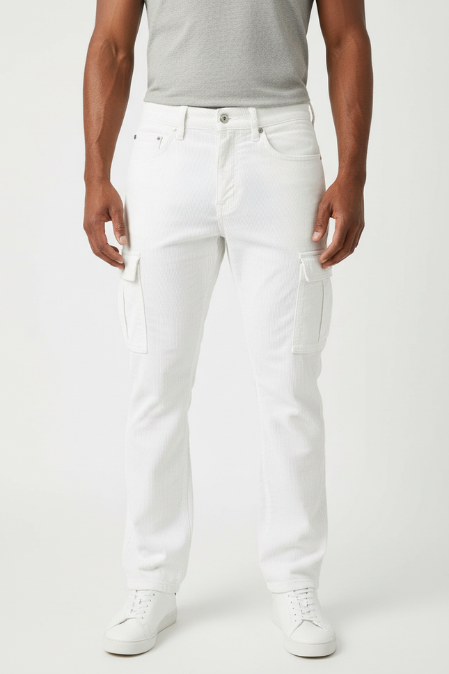 Pantalon Cargo Blanc Côtelé Slim Poches Multiples Homme - Cordé