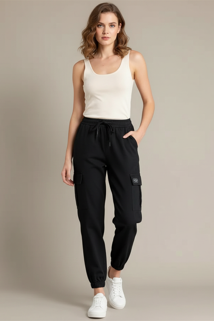 Pantalon Cargo Noir Ample Multipoches Femme - Polyester