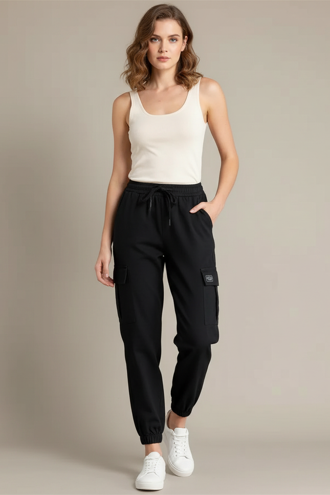 Pantalon Cargo Noir Ample Multipoches Femme - Polyester