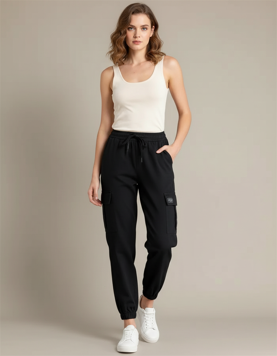 Pantalon Cargo Noir Ample Multipoches Femme - Polyester