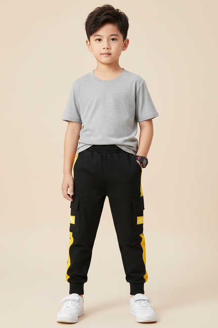 Pantalon Cargo Noir Jaune Décontracté Garçon Sport - Molleton