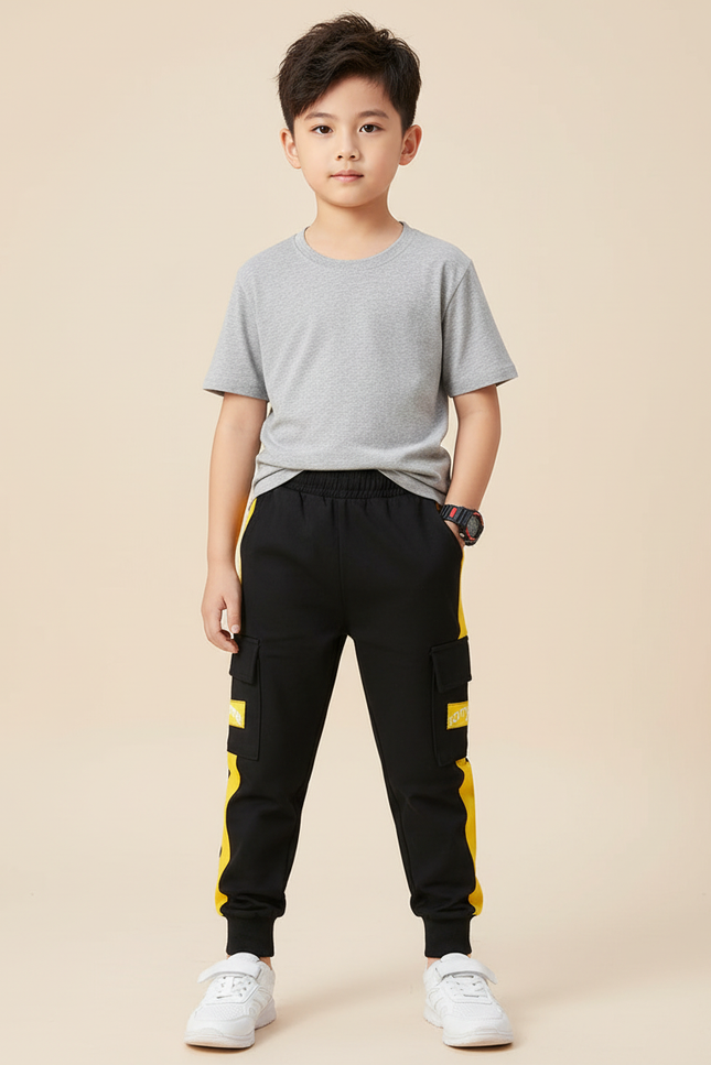 Pantalon Cargo Noir Jaune Décontracté Garçon Sport - Molleton