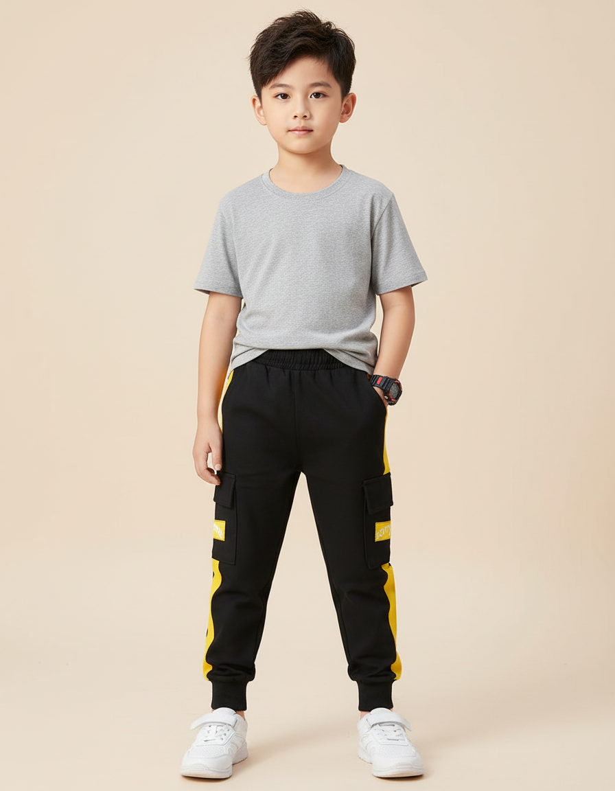 Pantalon Cargo Noir Jaune Décontracté Garçon Sport - Molleton
