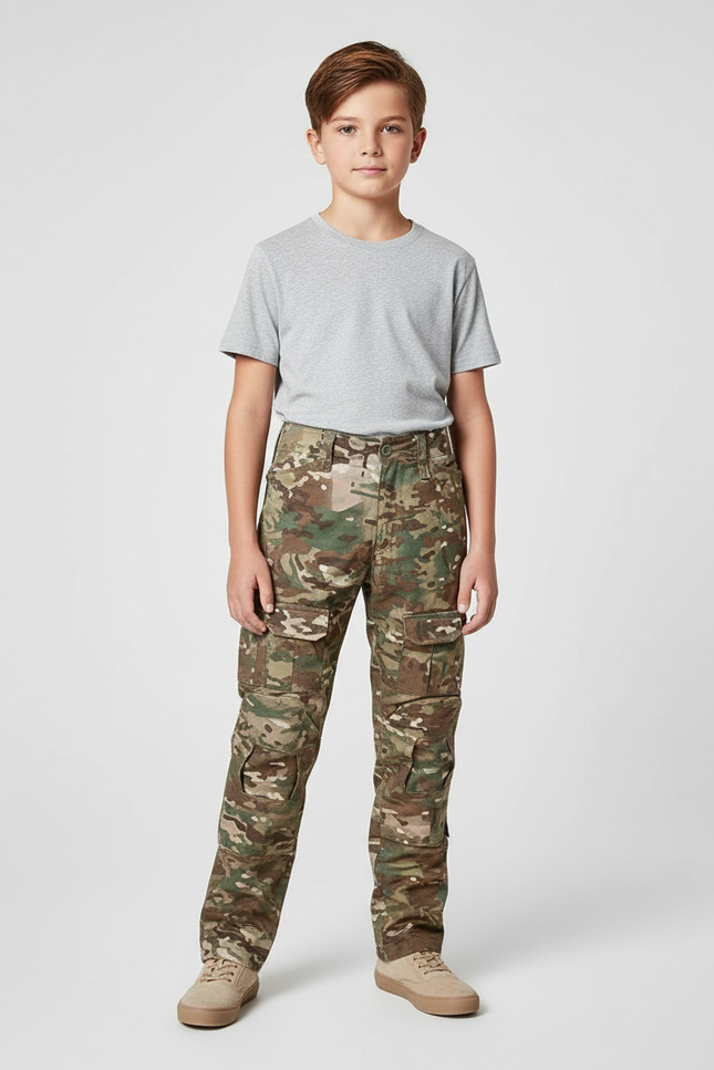 Pantalon Cargo Camouflage Militaire Enfant Tactique Multi-Poches - Multicolore Toile