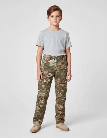 Pantalon Cargo Camouflage Militaire Enfant Tactique Multi-Poches - Multicolore Toile