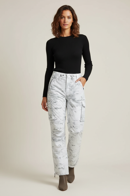 Pantalon Cargo Camouflage Blanc Ample Femme Hiver - Polyester
