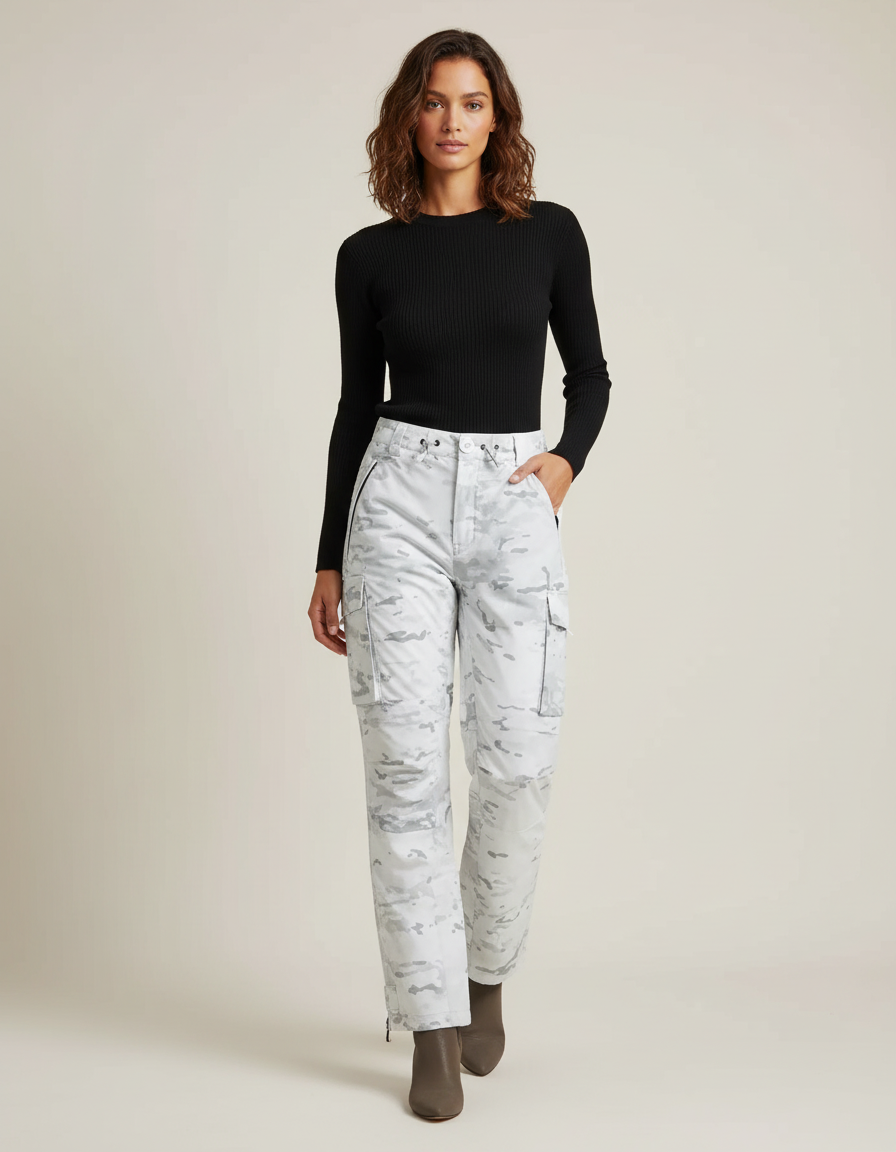 Pantalon Cargo Camouflage Blanc Ample Femme Hiver - Polyester
