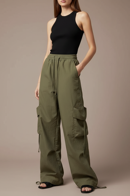 Pantalon Cargo Vert Kaki Ample Léger Cordon Femme - Polyester