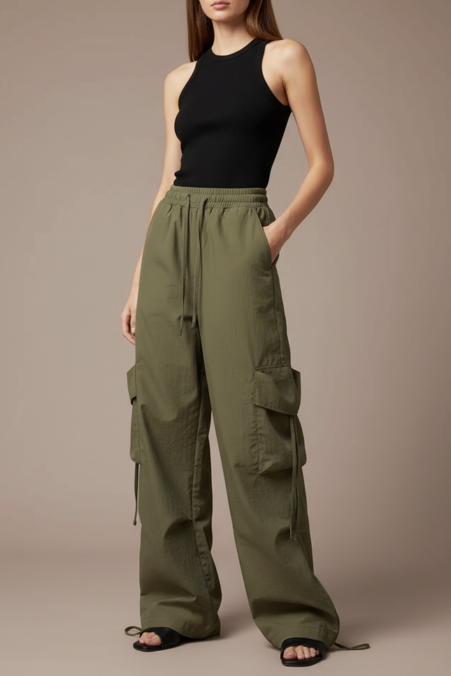 Pantalon Cargo Vert Kaki Ample Léger Cordon Femme - Polyester