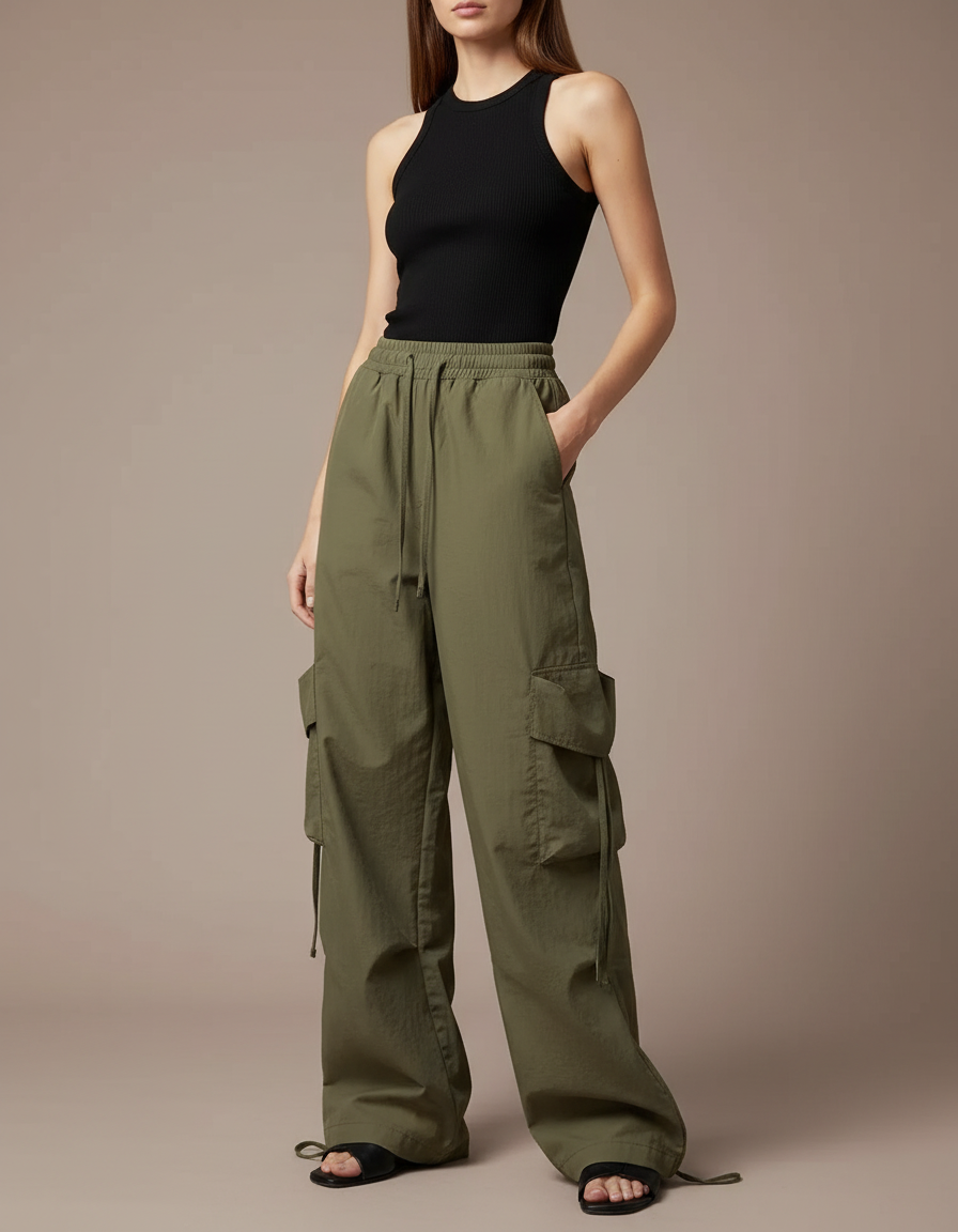 Pantalon Cargo Vert Kaki Ample Léger Cordon Femme - Polyester