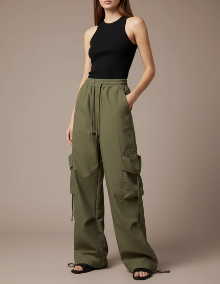 Pantalon Cargo Vert Kaki Ample Léger Cordon Femme - Polyester