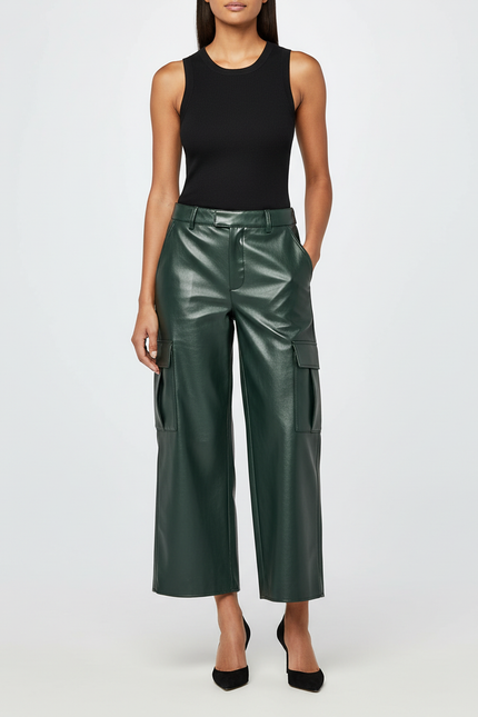 Pantalon Cargo Vert Similicuir Ample Taille Haute - Simili cuir