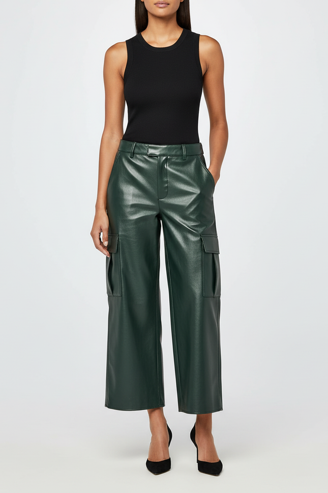 Pantalon Cargo Vert Similicuir Ample Taille Haute - Simili cuir