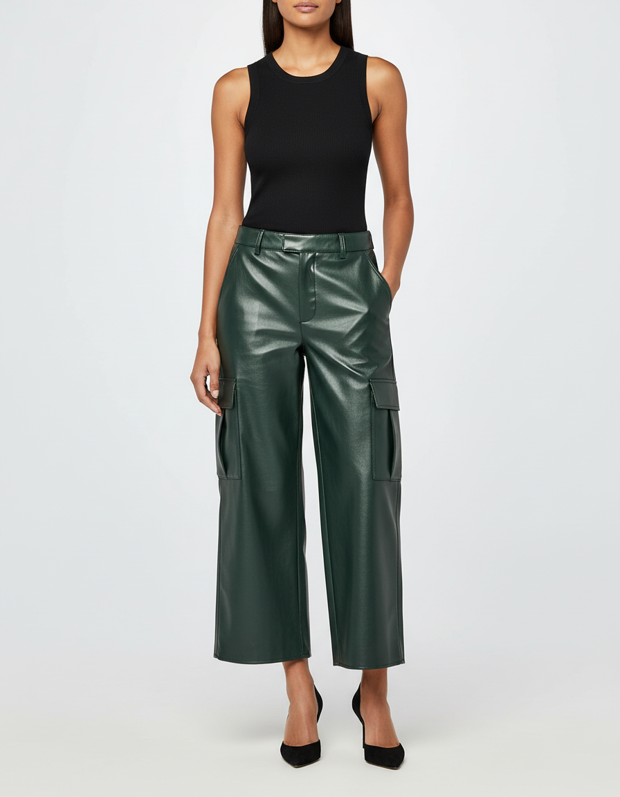 Pantalon Cargo Vert Similicuir Ample Taille Haute - Simili cuir