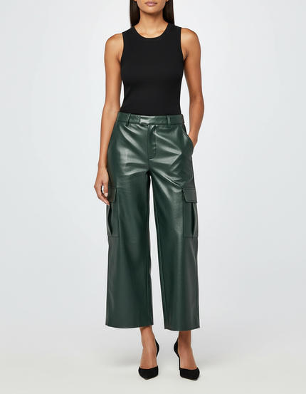 Pantalon Cargo Vert Similicuir Ample Taille Haute - Simili cuir