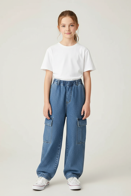 Pantalon Cargo Denim Ample Poches Latérales Fille - Bleu Jean