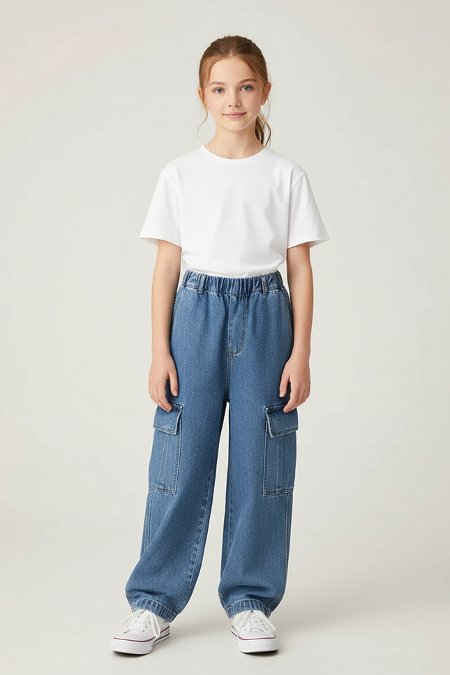 Pantalon Cargo Denim Ample Poches Latérales Fille - Bleu Jean