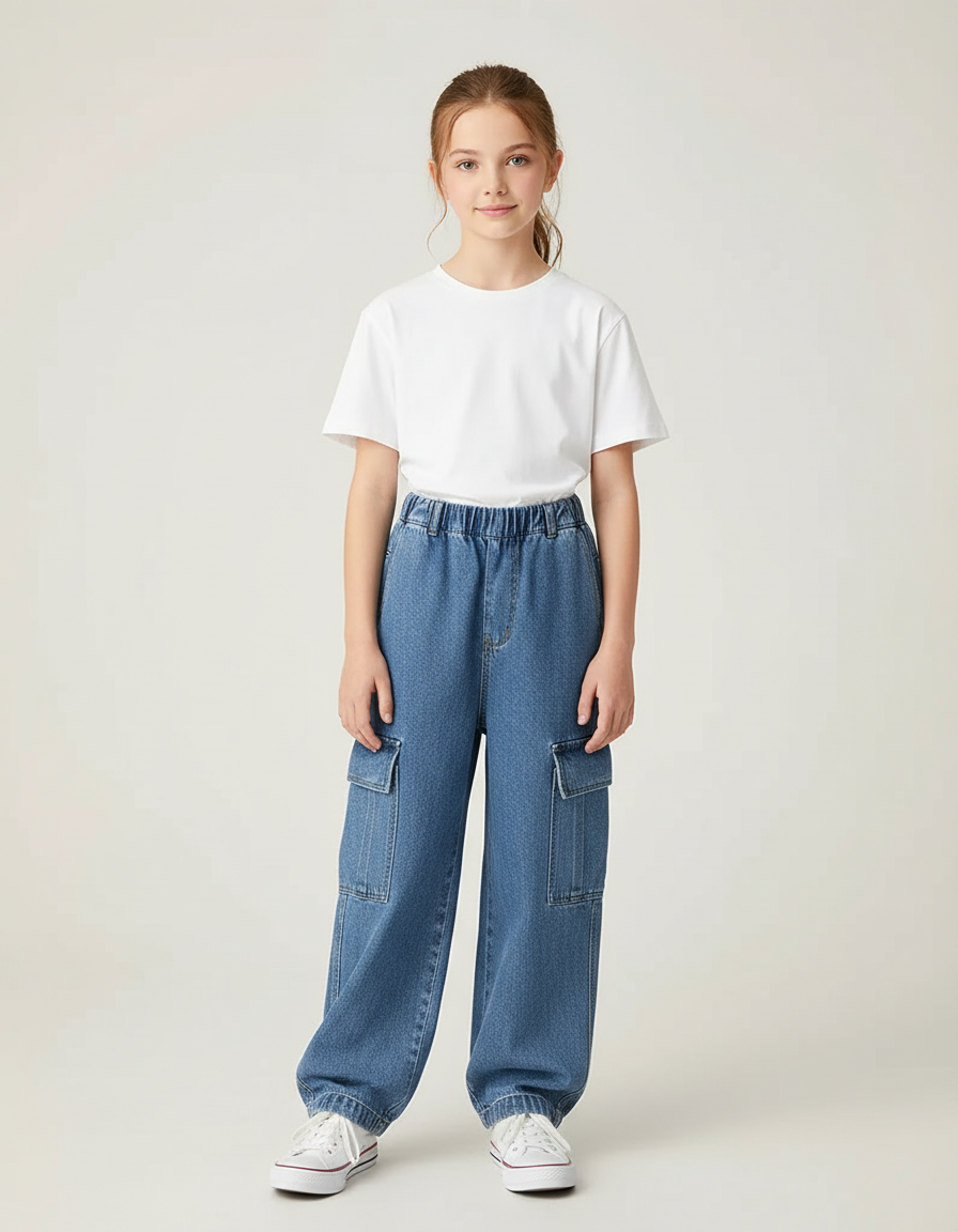 Pantalon Cargo Denim Ample Poches Latérales Fille - Bleu Jean