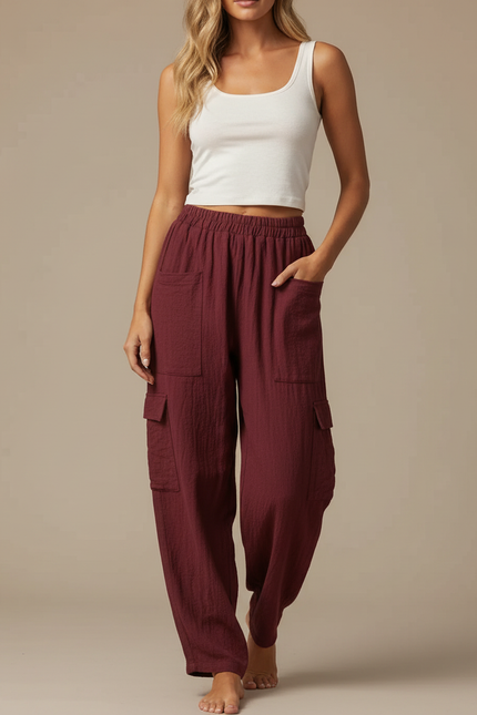 Pantalon Cargo Bordeaux Ample Coton Lin Femme