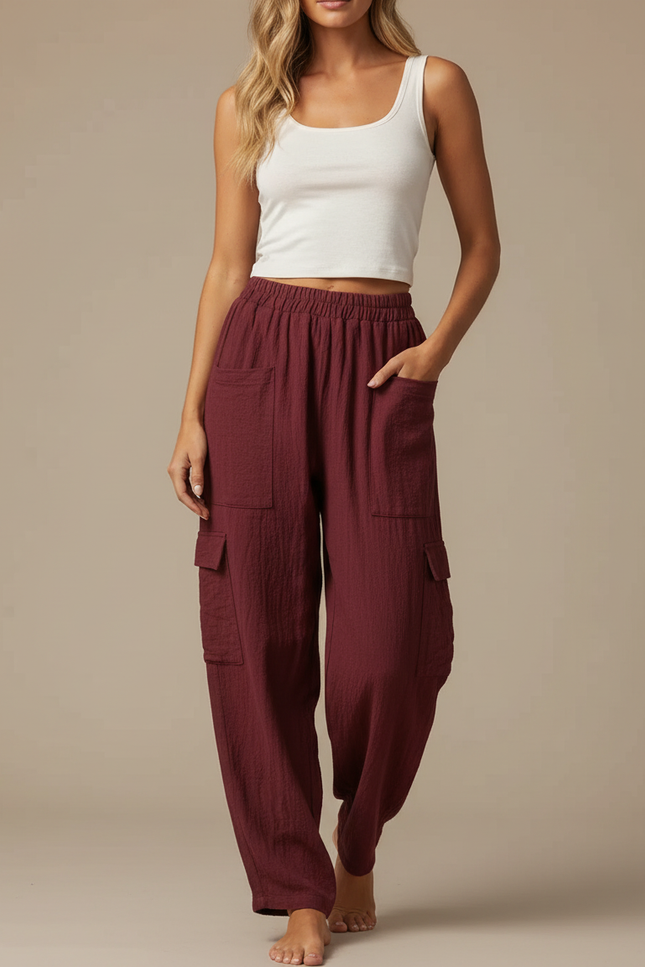Pantalon Cargo Bordeaux Ample Coton Lin Femme