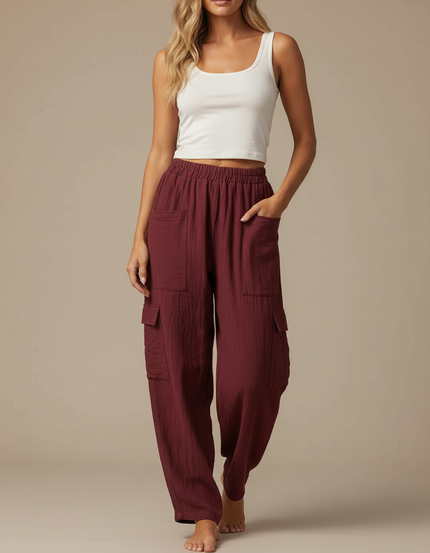 Pantalon Cargo Bordeaux Ample Coton Lin Femme