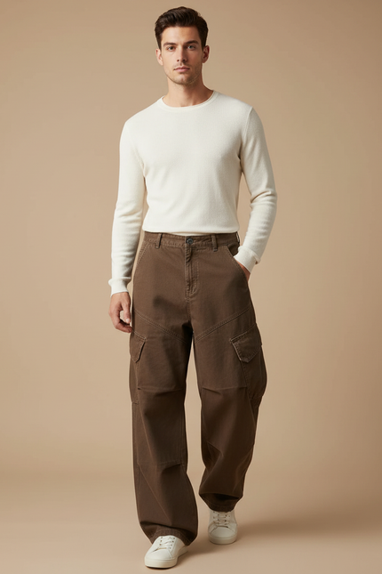 Pantalon Cargo Marron Ample Multipoches Homme Décontracté - Toile
