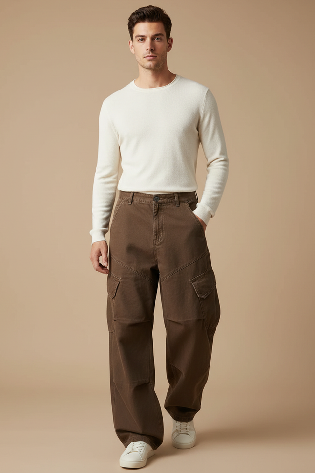Pantalon Cargo Marron Ample Multipoches Homme Décontracté - Toile