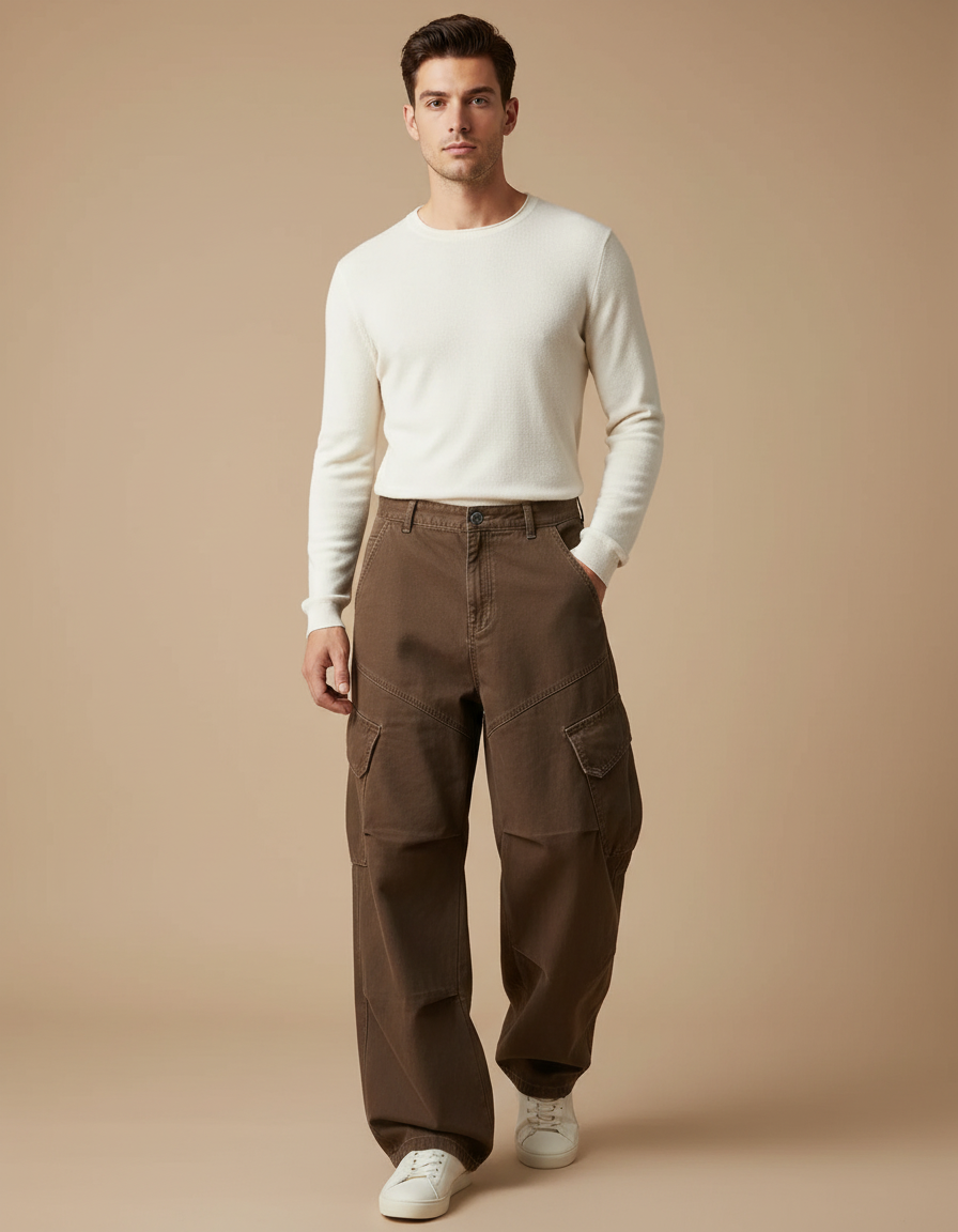 Pantalon Cargo Marron Ample Multipoches Homme Décontracté - Toile
