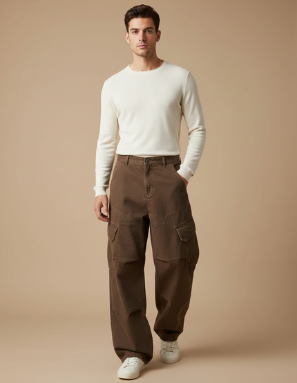 Pantalon Cargo Marron Ample Multipoches Homme Décontracté - Toile