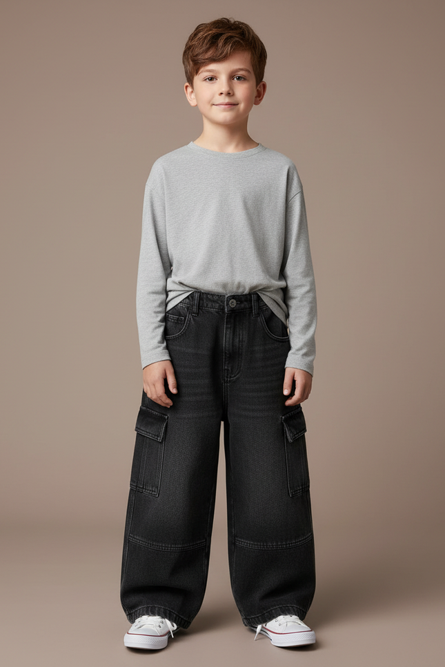 Pantalon Cargo Noir Ample Denim Multipoches Enfant - Jean