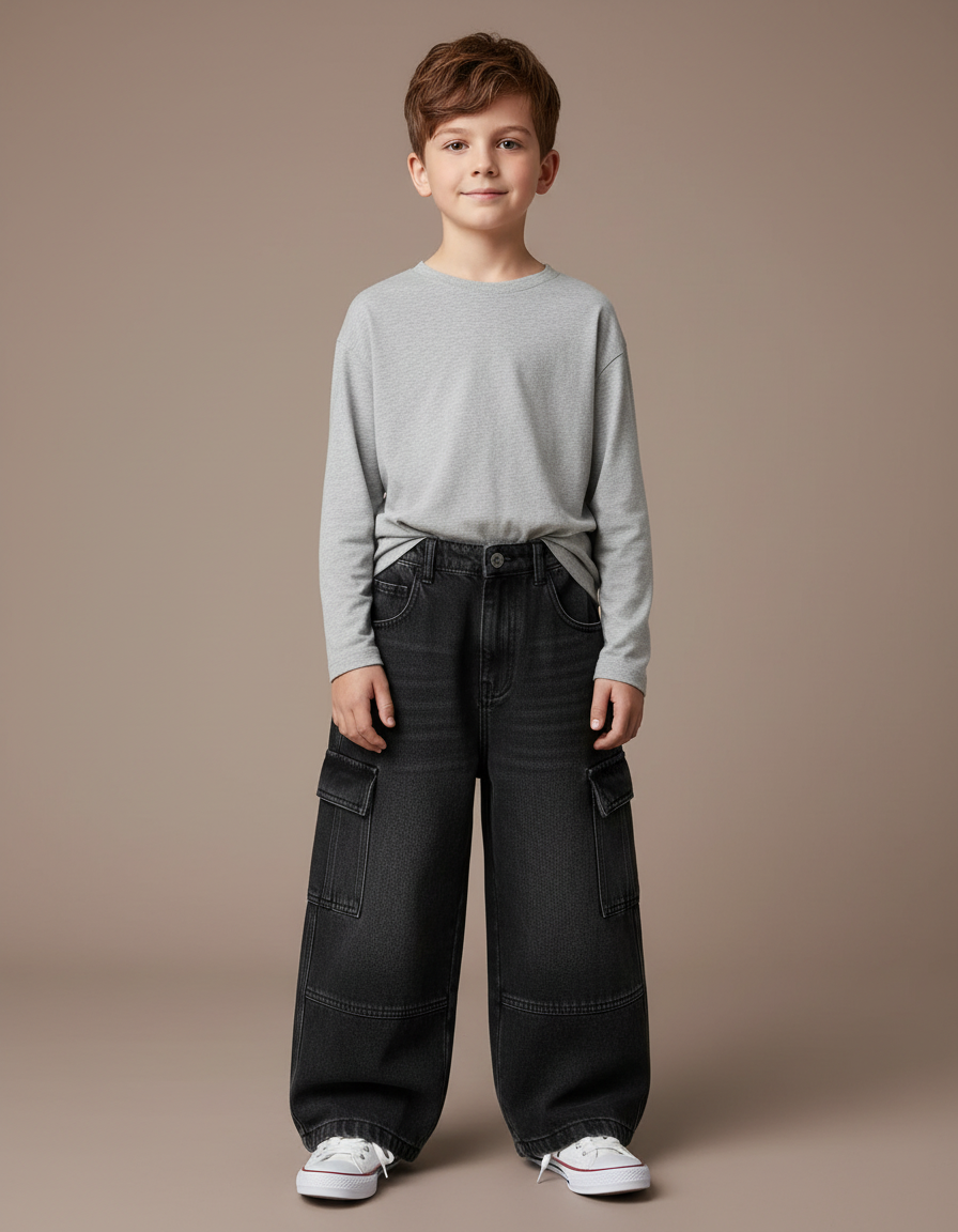 Pantalon Cargo Noir Ample Denim Multipoches Enfant - Jean