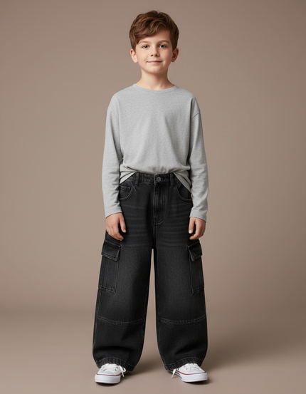 Pantalon Cargo Noir Ample Denim Multipoches Enfant - Jean