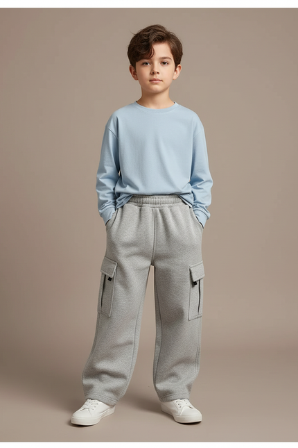 Pantalon Cargo Gris Molletonné Ample Streetwear Enfant